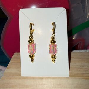 Gold tone and Pink Lampwork Glass Beaded Earrings